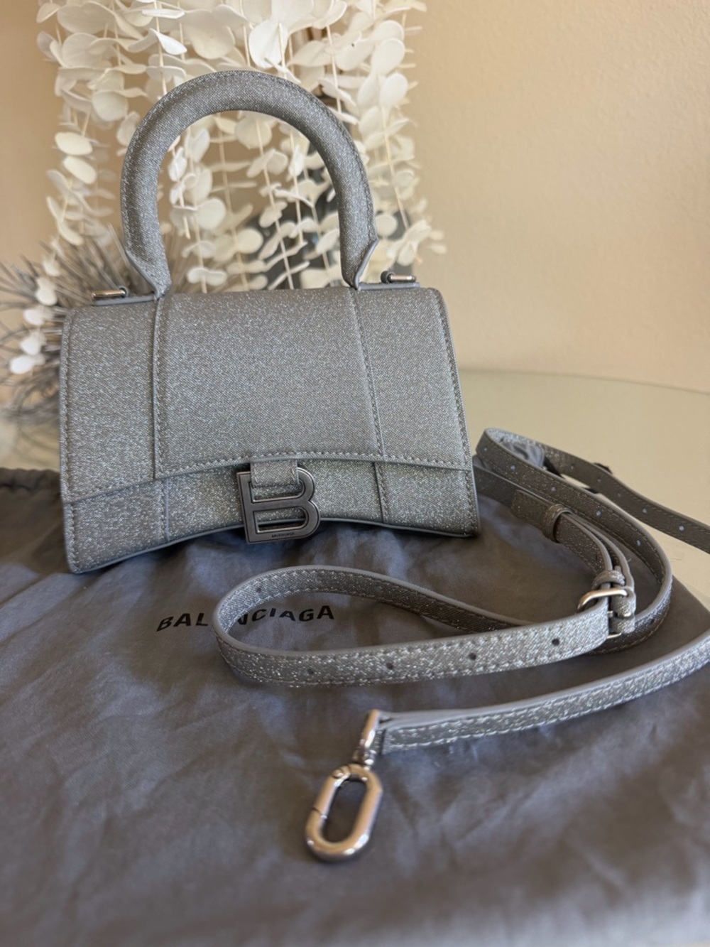Authentic Balenciaga Silver Hourglass Top-Handle XS Bag